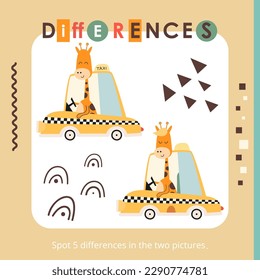 Cute Animals activities for kids. Spot 5 differences. Giraffe in Taxi. Vector illustration. Book square format.