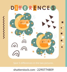 Cute Animals activities for kids. Spot 5 differences. Fox sleep on the moon. Vector illustration. Book square format.