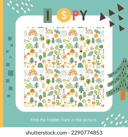 Cute Animals activities for kids. I spy game. Find the hidden hare. Logic games for children. Vector illustration. Book square format.