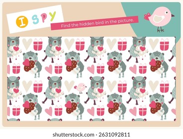 Cute Animals activities for kids. I spy game. Find the hidden bird. Logic games for children. Vector illustration. Game to boost attention and focus. Flash card.