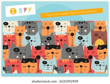 Cute Animals activities for kids. I spy game. Find the hidden owl. Logic games for children. Vector illustration. Game to boost attention and focus. Flash card.