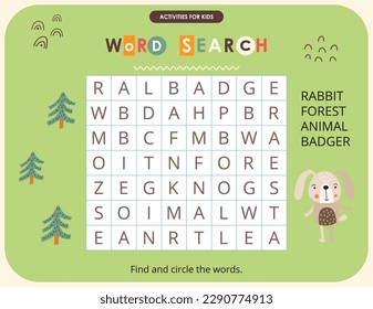 Cute Animals activities for kids. Word search game. Find the hidden words. Logic games for children. Vector illustration.