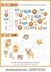 Cute Animals Activity Pages for Kids. Printable Activity Sheet with Safari and Woodland Animals Mini Games – Crossword, Counting game. Vector illustration.