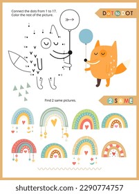 Cute Animals Activity Pages for Kids. Printable Activity Sheet with Woodland Animals Mini Games – Dot to dot, Find 2 same pictures. Vector illustration.