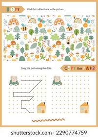 Cute Animals Activity Pages for Kids. Printable Activity Sheet with Safari Animals Mini Games – I spy, Copy the path. Vector illustration.