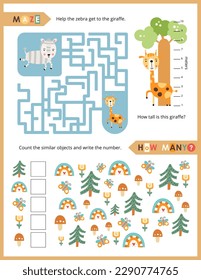Cute Animals Activity Pages for Kids. Printable Activity Sheet with Safari Animals Mini Games – Maze, Counting game. Vector illustration. - Shutterstock ID 2290774765