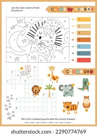 Cute Animals Activity Pages for Kids. Printable Activity Sheet with Safari Animals Mini Games – Crossword, Color by number. Vector illustration.