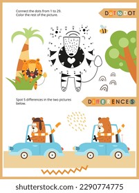 Cute Animals Activity Pages for Kids. Printable Activity Sheet with Safari Animals Mini Games – Dot to dot, Spot 5 differences. Vector illustration.