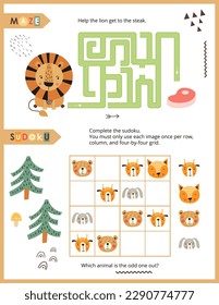 Cute Animals Activity Pages for Kids. Printable Activity Sheet with Safari Animals Mini Games – Maze, Sudoku. Vector illustration.