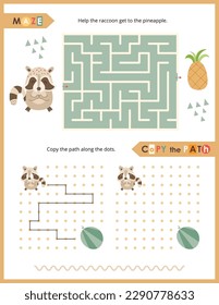 Cute Animals Activity Pages for Kids. Printable Activity Sheet with Woodland Animals Mini Games – Maze, Copy the path. Vector illustration.