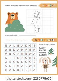 Cute Animals Activity Pages for Kids. Printable Activity Sheet with Woodland  Animals Mini Games – Word Search, Finish the picture. Vector illustration.