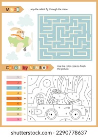 Cute Animals Activity Pages for Kids. Printable Activity Sheet with Woodland Animals Mini Games – Maze, Color by number. Vector illustration.