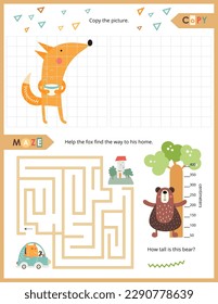 Cute Animals Activity Pages for Kids. Printable Activity Sheet with Woodland Animals Mini Games – Maze, Copy the picture. Vector illustration.