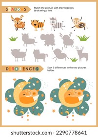 Cute Animals Activity Pages for Kids. Printable Activity Sheet with Safari and Woodland Animals Mini Games – Correct shadows, Spot 5 differences. Vector illustration.