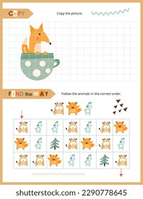 Cute Animals Activity Pages for Kids. Printable Activity Sheet with Woodland Animals Mini Games – Copy the picture, Find the way. Vector illustration.