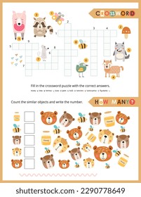 Cute Animals Activity Pages for Kids. Printable Activity Sheet with Safari and Woodland Animals Mini Games – Crossword, Counting game. Vector illustration. - Shutterstock ID 2290778649