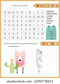 Cute Animals Activity Pages for Kids. Printable Activity Sheet with Safari  Animals Mini Games – Word Search, Finish the picture. Vector illustration.