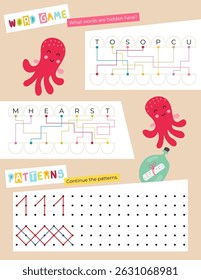 Cute Animals Activity Pages for Kids. Printable Activity Sheet with Mini Games – word game, continue patterns. Vector illustration.