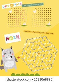 Páginas de atividade de animais bonitos para crianças. Folha de atividades imprimível com Mini Jogos - copie o caminho, labirinto. Ilustração vetorial.