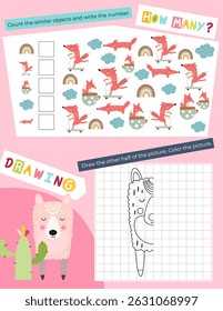 Cute Animals Activity Pages for Kids. Printable Activity Sheet with Mini Games – how many, drawing. Vector illustration.