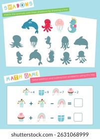 Cute Animals Activity Pages for Kids book. Printable Activity Sheet with Mini Games – find shadows, math game solve problems. Vector illustration.