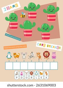 Cute Animals Atividade Páginas para Crianças livro. Folha de atividades imprimível com Mini Jogos - encontrar os mesmos objetos, disjuntor de código. Ilustração vetorial.
