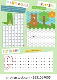 Páginas de atividade de animais bonitos para crianças. Folha de atividades imprimível com animais Mini jogos - labirinto de matemática, coloração de mosaico, padrões de continuação. Ilustração vetorial.
