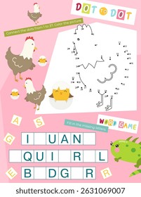 Cute Animals Activity Pages for Kids book. Printable Activity Sheet with Mini Games – dot to dot, word game. Vector illustration.