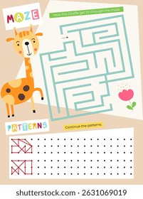 Cute Animals Activity Pages for Kids. Printable Activity Sheet with Giraffe Mini Games – Maze, patterns. Vector illustration.