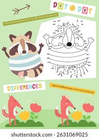 Cute Animals Activity Pages for Kids. Printable Activity Sheet with Forest Animals Mini Games – Dot to dot, spot 5 differences. Vector illustration.