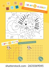 Cute Animals Activity Pages for Kids. Printable Activity Sheet with forest Animals Mini Games – Color by number, copy the path. Vector illustration.