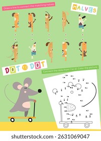 Cute Animals Activity Pages for Kids. Printable Activity Sheet with Domestic Animals Mini Games – Dot to dot, connect halves. Vector illustration.