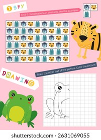 Cute Animals Activity Pages for Kids. Printable Activity Sheet with Animals Mini Games – Finish the picture, Find combination in table. Vector illustration.