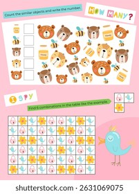 Cute Animals Activity Pages for Kids. Printable Activity Sheet with Forest Animals Mini Games – I spy, Counting game. Vector illustration.