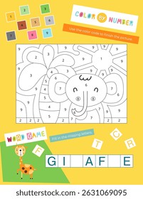 Cute Animals Activity Pages for Kids. Printable Activity Sheet with Jungle Animals Mini Games – Color by number, word game. Vector illustration.