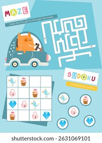 Páginas de atividade de animais bonitos para crianças. Folha de atividades imprimível com animais Mini jogos - labirinto, Sudoku. Ilustração vetorial.