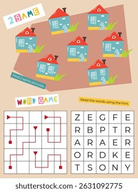 Cute Animals Atividade Páginas para Crianças livro. Folha de atividades imprimível com Mini Jogos - encontrar dois mesmos, jogo de palavras. Ilustração vetorial.