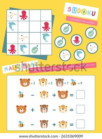 Cute Animals Activity Pages for Kids book. Printable Activity Sheet with Mini Games – sudoku, math game. Vector illustration.