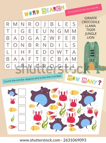 Cute Animals Activity Pages for Kids. Printable Activity Sheet with Animals Mini Games – Word Search, How many. Vector illustration.