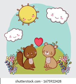 cute animals, adorable bear and squirrel in the grass vector illustration