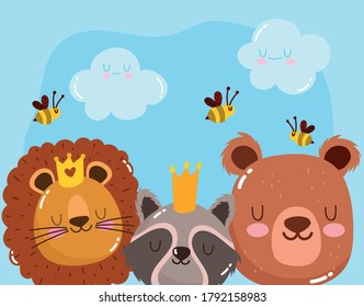 lindos animales adorables rostros de osos de león con abejas y coronas ilustración vectorial de dibujos animados
