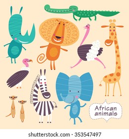 Cute animals of Africa. Childish vector illustration of elephant, crocodile, lion, ostrich, giraffe, zebra, giraffe, meerkats, vulture, and rhino.