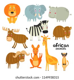Cute animals of Africa. Lion, elephant, hippopotamus, zebra, boar, kangaroo, giraffe, meerkat, buffalo, elk. Vector illustration
