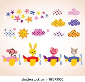 cute animals in airplanes kids design elements set