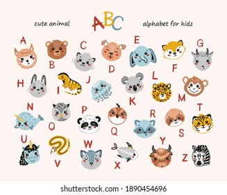 Cute Animals Alphabet for Children. Cartoon English Alphabet for Kids. Hand Drawn Lovely Baby Animal Faces with Doodle Latin Letters. Colorful Childish Vector ABC Poster for Preschool Education