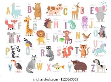 Cute Animals alphabet for kids  education. Funny hand drawn style characters. Vector illustration.