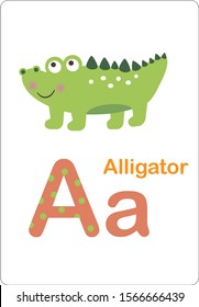 Cute Animals alphabet for kids education. Funny hand drawn style character. A for alligator. Vector illustration.