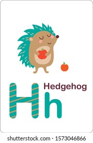Cute Animals alphabet for kids education. Funny hand drawn style characters. H for Hedgehog. Vector illustration.