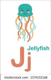 Cute Animals alphabet for kids education. Funny hand drawn style characters. J for Jellyfish. Vector illustration.