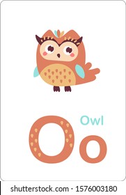 Cute Animals alphabet for kids education. Funny hand drawn style characters. O for Owl. Vector illustration.